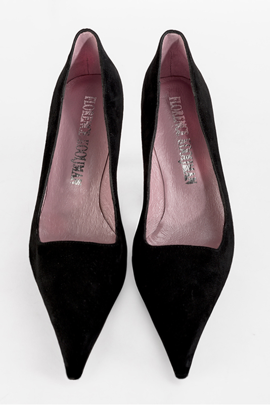 Matt black women's dress pumps,with a square neckline. Pointed toe. High slim heel. Top view - Florence KOOIJMAN